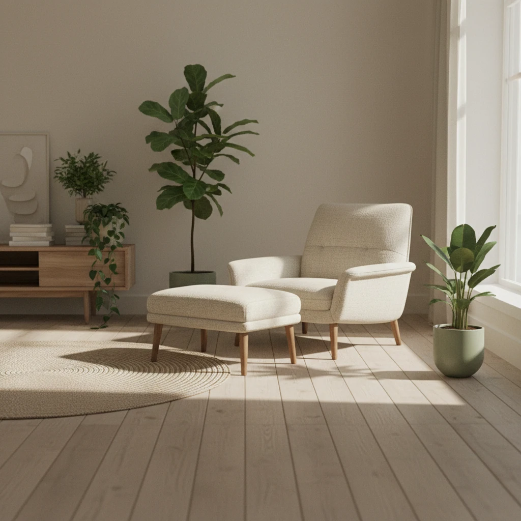 Rustige werkruimte met een notitieboek, een potplant en een glas water op een licht houten bureau