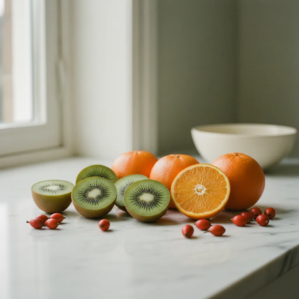 Verse sinaasappelen, kiwi's en citroenen op een lichte marmeren ondergrond - voedselbronnen van vitamine C