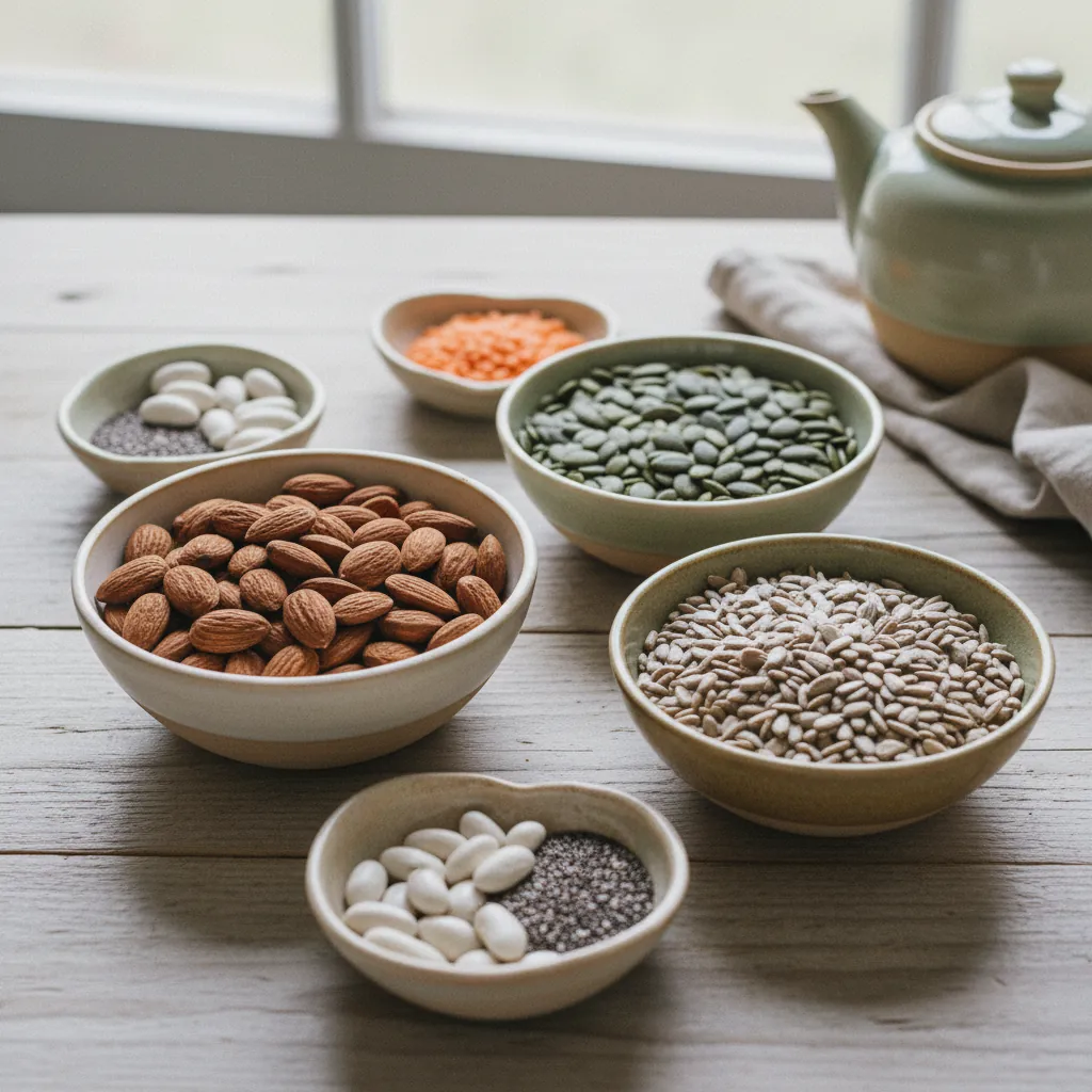 Diverse noten, zaden en peulvruchten in keramische kommen op een houten tafel - voedselbronnen van B-vitamines