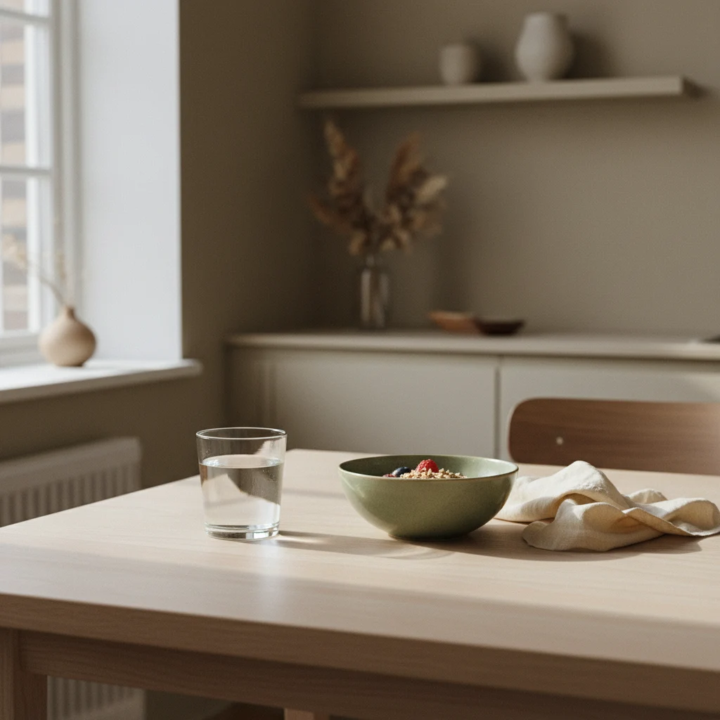 Glas water en een ontbijtbord op een lichte houten tafel - ochtendsfeer voor dagelijkse inname van capsules